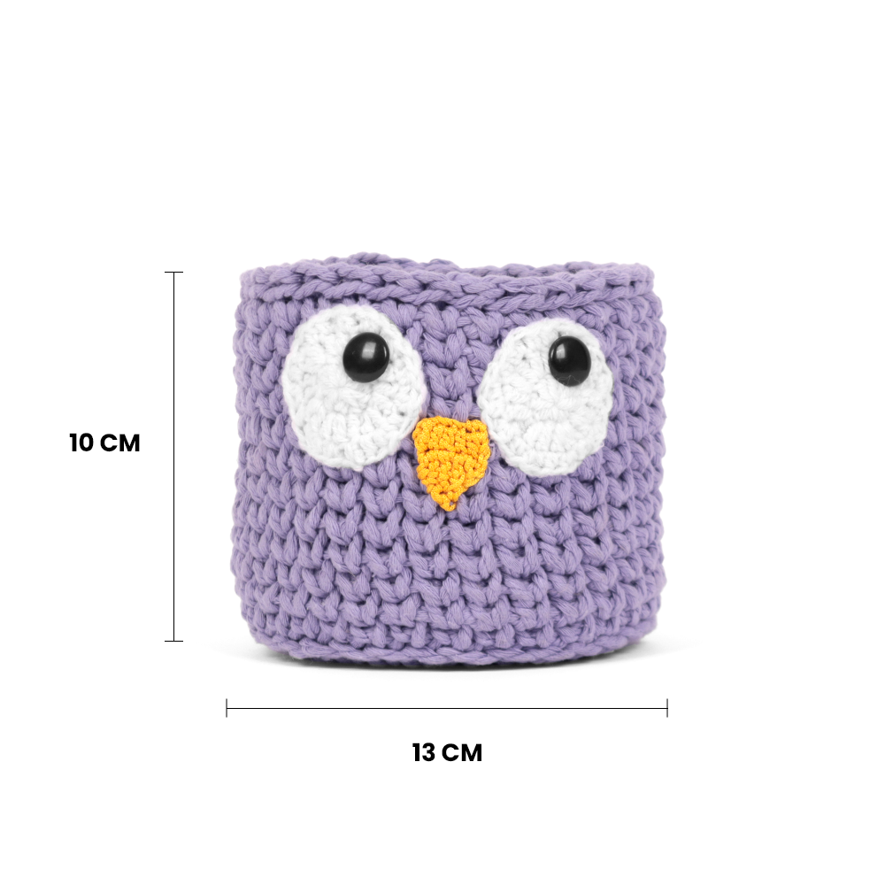 Purple knitted owl-shaped container with measurements on a white background