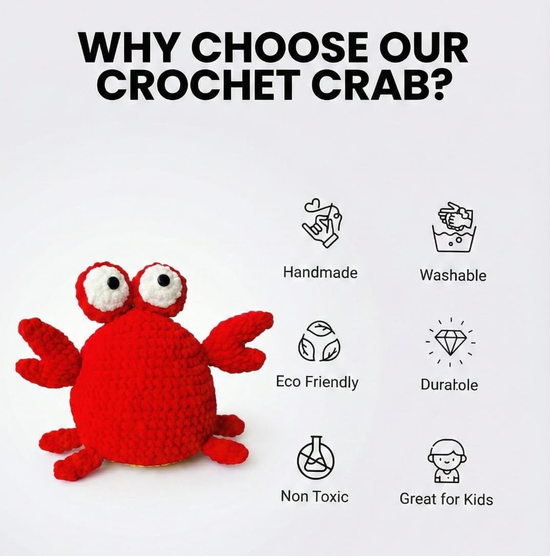 Red crochet crab toy with features listed on a white background