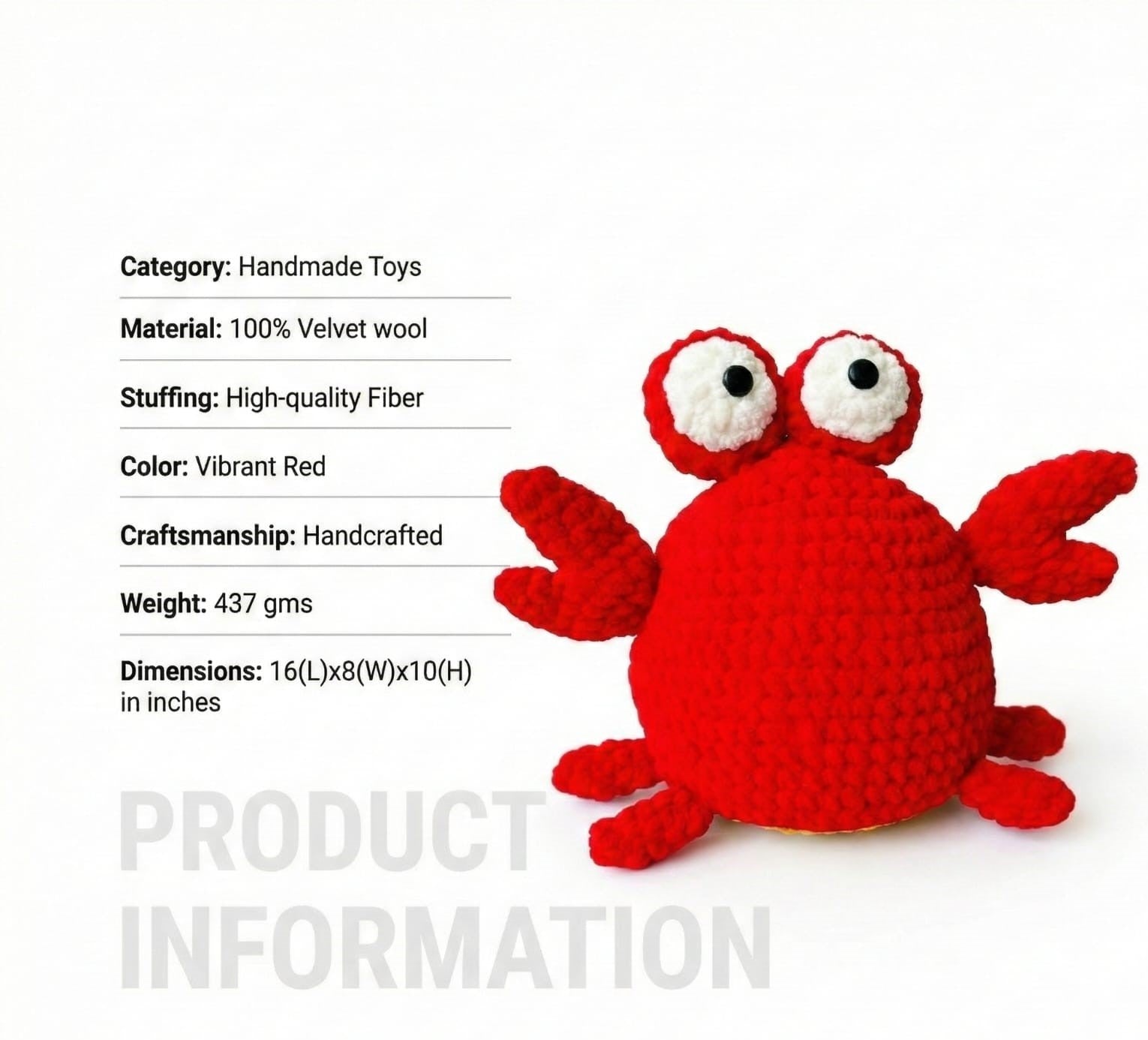 Red crochet crab toy with product information on a white background