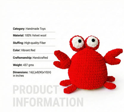 Red crochet crab toy with product information on a white background