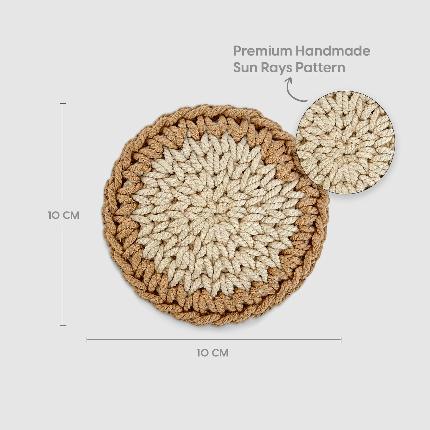 Round Crochet coaster with sun rays pattern, showing dimensions and material details.