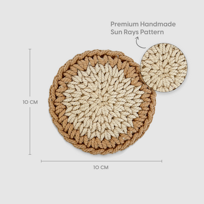 Round Crochet coaster with sun rays pattern, showing dimensions and material details.
