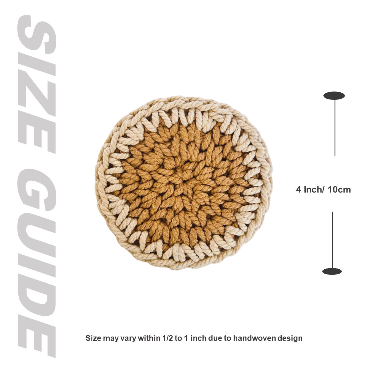 Round woven coaster with size guide on a white background