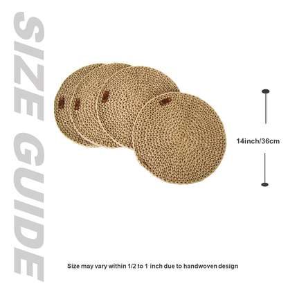 Round woven mat with size guide on a white background