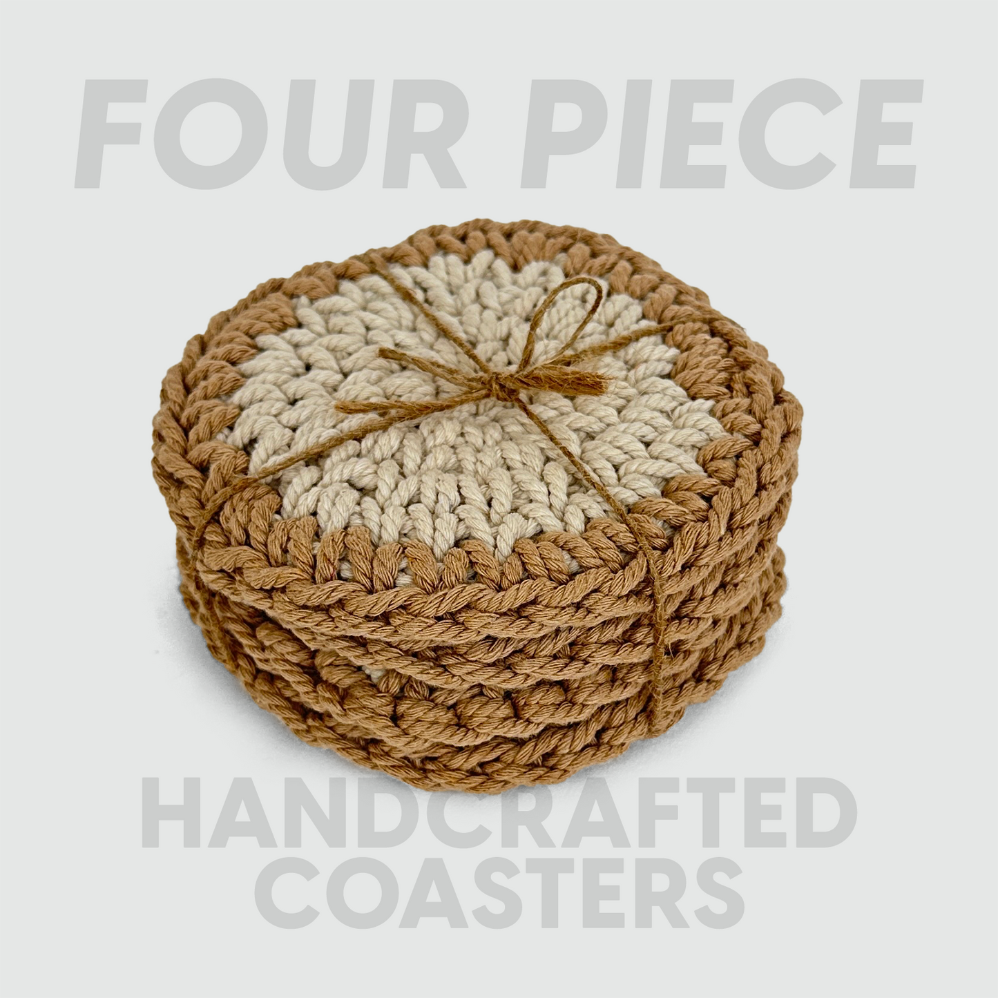 Stack of four handmade coaters with a bow on a light gray background