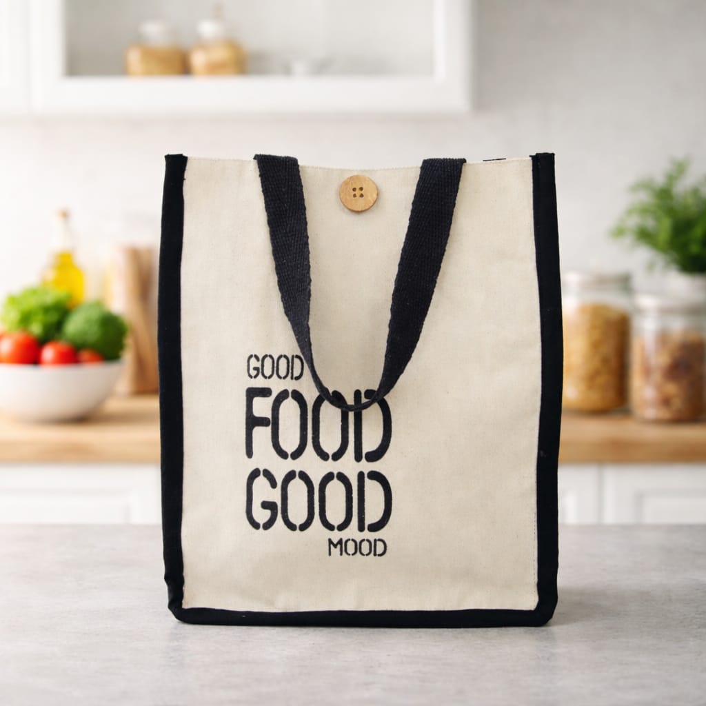 Tote bag with 'Good Food Good Mood' text on a kitchen counter
