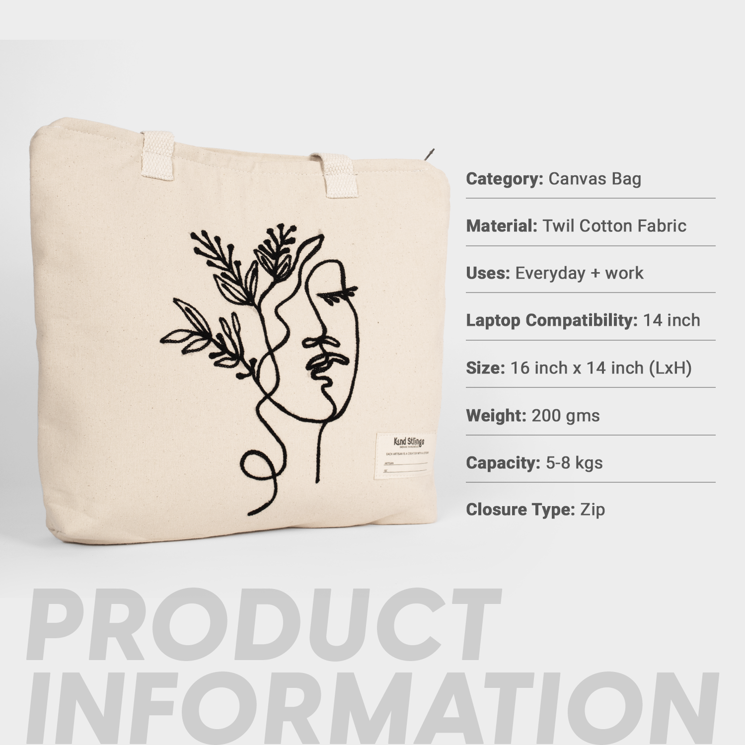 White tote bag with black abstract design on a white background, product information displayed.