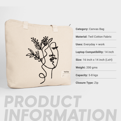 White tote bag with black abstract design on a white background, product information displayed.