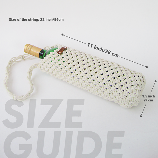 White woven Bottle cover with measurements on a light gray background