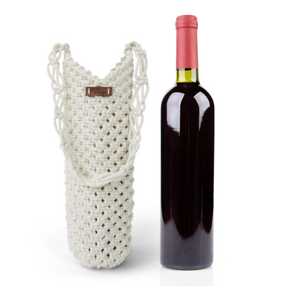 White woven bottle holder with a red  bottle on a white background