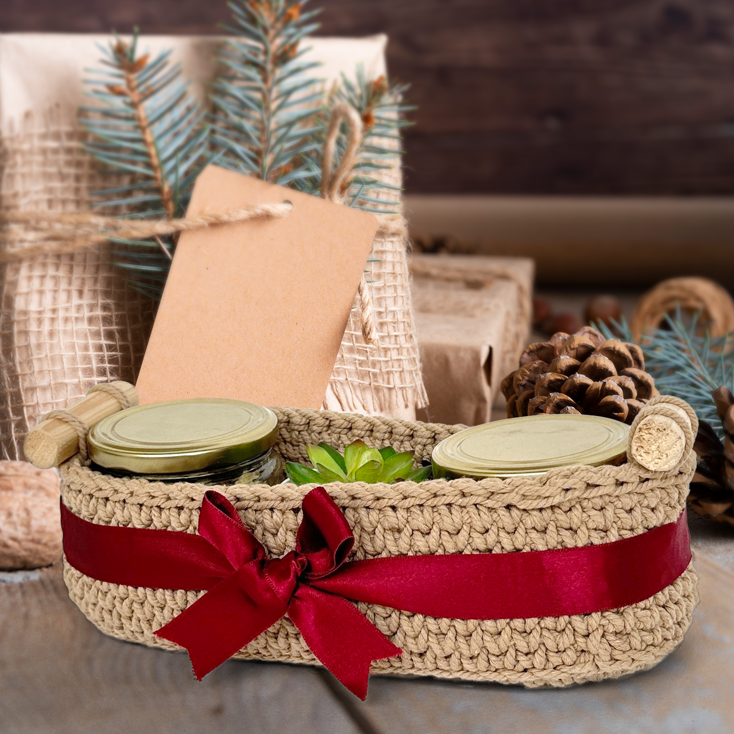 Woven basket with red ribbon, jars, and plants on a wooden surface.