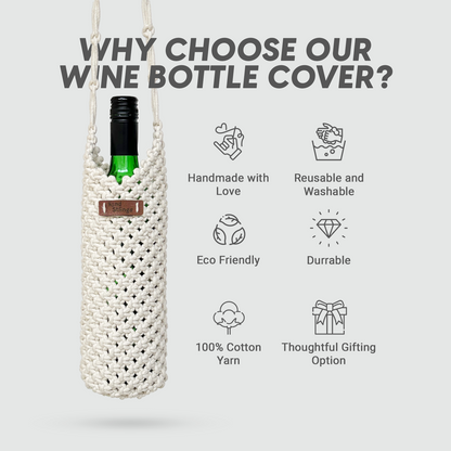 Woven bottle cover with text highlighting features on a light gray background