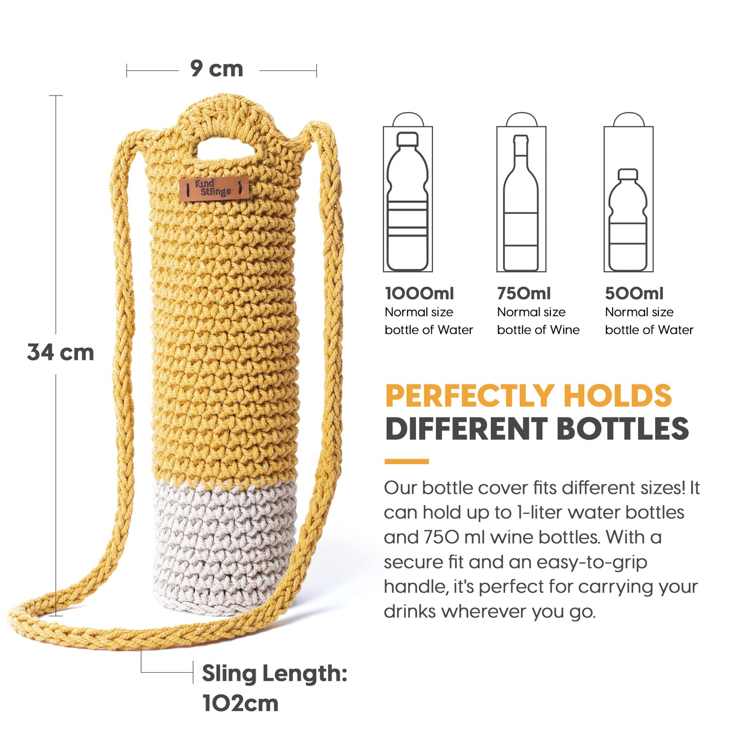 Yellow and white bottle cover with measurements and bottle size comparison on a white background
