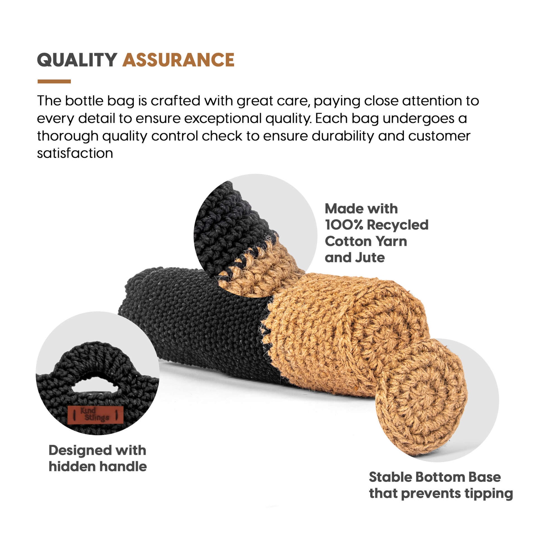 Bottle Cover with recycled cotton yarn and jute, featuring text on quality assurance.