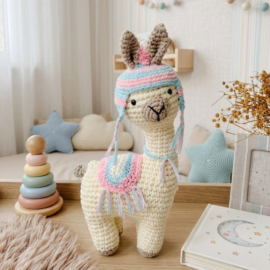 Crocheted llama toy with a colorful hat on a wooden surface in a cozy room.