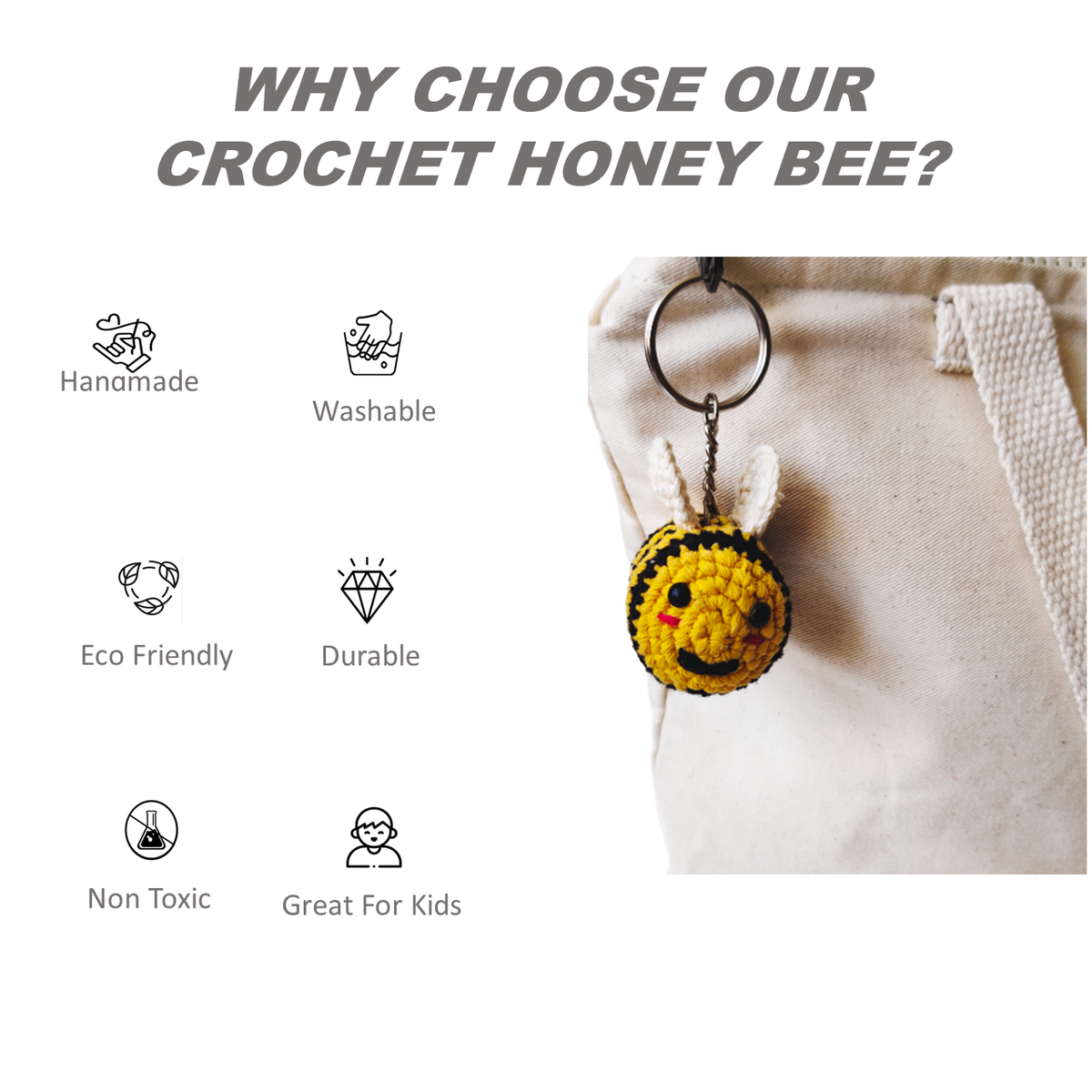 Crochet honey bee keychain with features listed on a white background