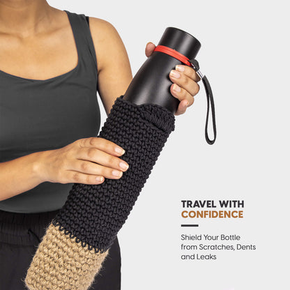 Person holding a black water bottle with a Water bottle holder sleeve, promotional text about bottle protection.