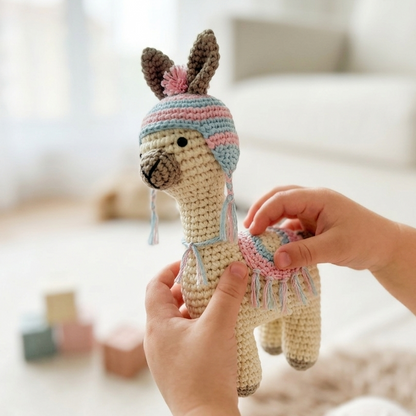Hand holding a small crochet llama toy with colorful details in a softly blurred indoor setting.